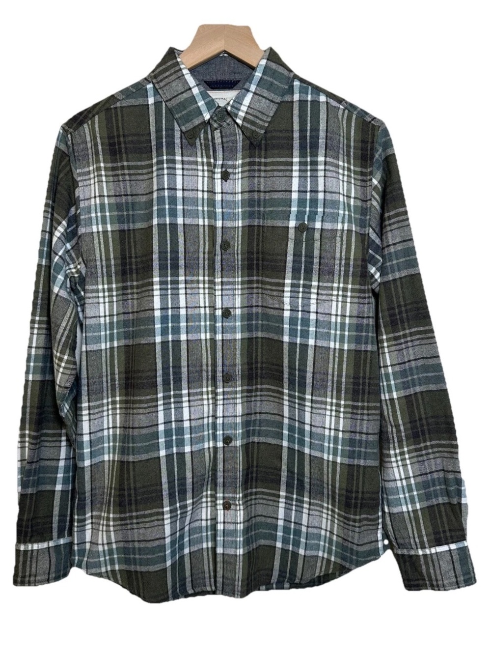 Weatherproof Vintage Men's Flannel Button Down Collar Green Shirt Small Unlined